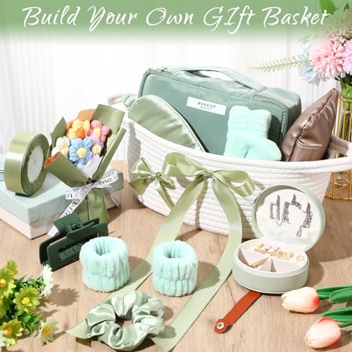 Kacctyen Sage Green Gift Basket for Women Include Woven Basket Makeup Bag Sleep Mask Jewelry Box Hair Bow Crochet Flower and More Self Care Birthday Gift Box for Mom Wife Friends Sister Coworker