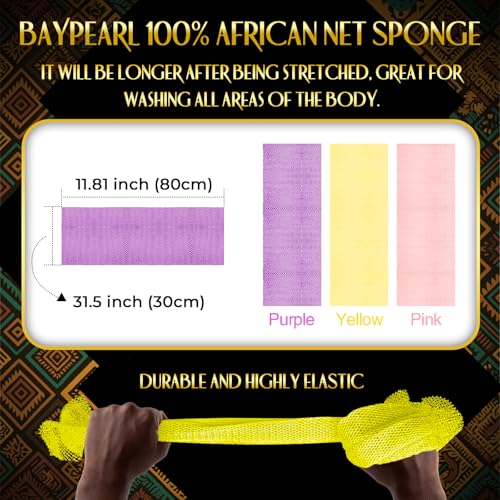 UJFQBH 3-Pack African Net Bath Sponge Set - Pink, Yellow, Purple Exfoliating Body Scrubber