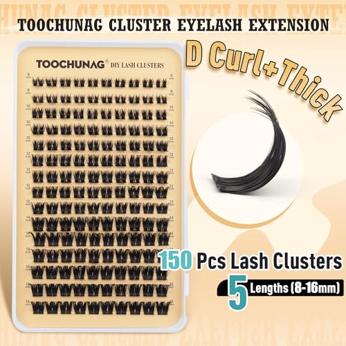 Wispy Lash Clusters D Curl Cluster Eyelash Extensions 150pcs Thick Eyelash Clusters 8-16mm Fluffy Cluster Lashes DIY Individual Lashes Extension by TOOCHUNAG(150pcs,8-16mm)