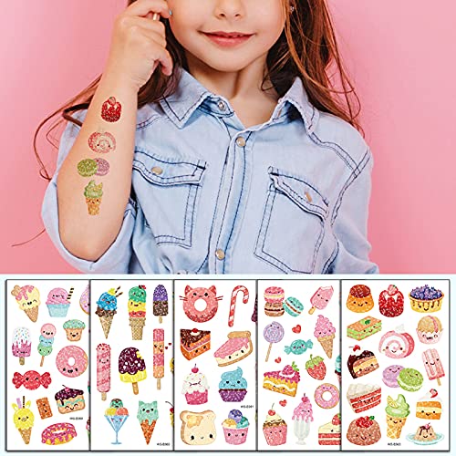 Glitter Temporary Tattoos for Kids, 141Pcs Girls Lovely Ice Cream Fake Tattoo Birthday Party Supplies Cookie Tattoo (10 Sheets) Cute Waterproof Stickers Decoration Gifts Favors Sparkly Cake