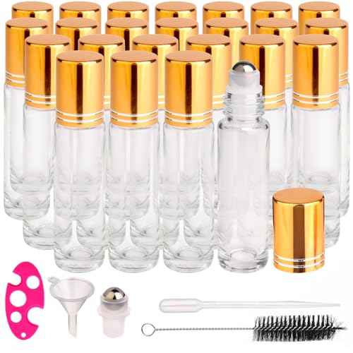 inice 24 Pack Clear Galss Roller Bottles,10ml Roll On Bottles Stainless Steel Roller Balls Metal Cap for Aromatherapy Essential Oils Applicator