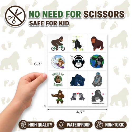 96 Pcs Gorilla Temporary Tattoos Safari Animal Party Favors