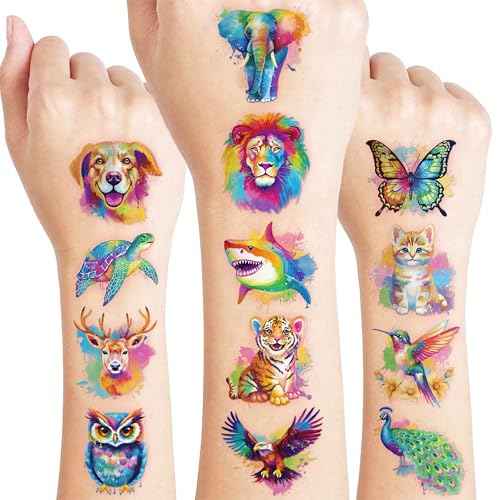 96 PCS Watercolor Animal Pre-Cut Temporary Tattoos for Kids | Super Cute Themed Birthday Party Favors, Supplies, Decorations, Animal Fake Tattoo Stickers, School Rewards Prizes & Gifts Boys & Girls
