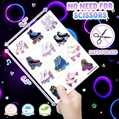 8 Sheets (96PCS) Neon Roller Skate Temporary Tattoos 80s 90s Theme Birthday Party Decorations Supplies Favors Stickers for Kids Girls Boys Gifts Classroom School Prizes Rewards