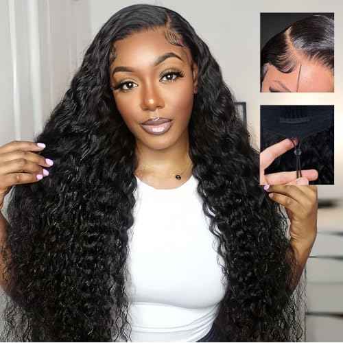 7x6 Deep Wave Glueless Wigs Human Hair Pre Plucked Pre Cut 250% Density Drawstring Wig Human Hair Wear and Go Glueless Wigs for Black Women Natural Color #1B 26 Inch