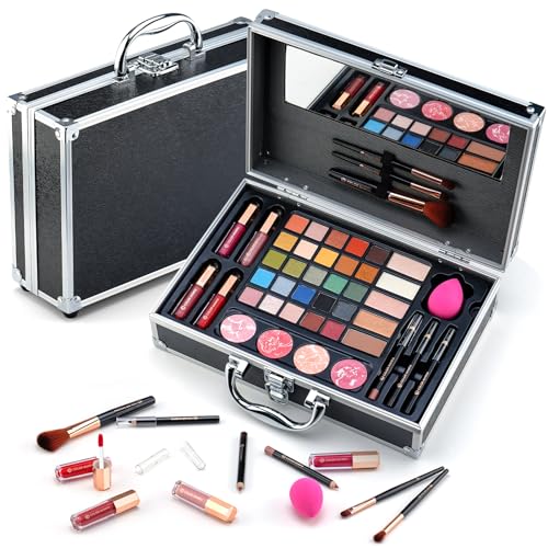 Makeup Kit For Women,All in One Makeup Gift Set for Girls in Cosmetic Train Case (Black) With Mirror,Full Starter Cosmetic Kit Includes Eyeshadow Palette,Lipgloss,Blushes