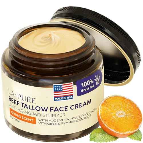 LA PURE Beef Tallow for Skin, Grass-Fed Tallow Face Cream with Aloe Vera, Hyaluronic Acid, Frankincense & Vitamin E to Hydrate, Firm, and Smooth Skin, Non-Greasy Moisturizer, Citrus Scent, 2 oz