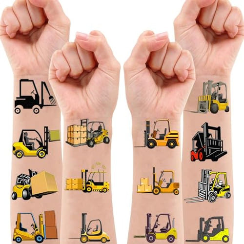 100 PCS Forklift Construction Temporary Tattoos Themed Birthday Party Supplies Decorations Favors Decor Dump Truck Crane Excavator Tattoo Stickers Gifts For Game Boys Girls Classroom School Prizes