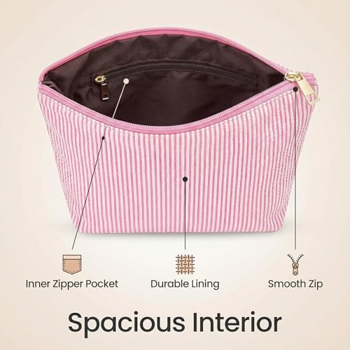 24 PACK Makeup Bags Bulk-Easter Gifts/Seersucker Bulk Cosmetic Bags/Bridesmaid Proposal Gifts/Makeup Pouch for Wedding Party Favors Birthday/Teacher/Mothers Day Gifts/Toiletry Travel Bags(24, Pink)