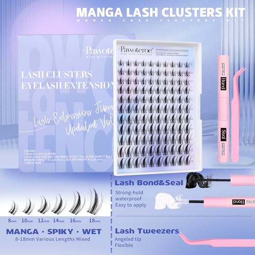 Pawotence Manga Lash Clusters Kit Eyelash Clusters 8-18mm Lash Extension Kit Fairy Individual Lashes Cluster Wispy with Lashes Cluster Glue, Tweezers for Invisible Band Cluster Eyelash Extensions Kit