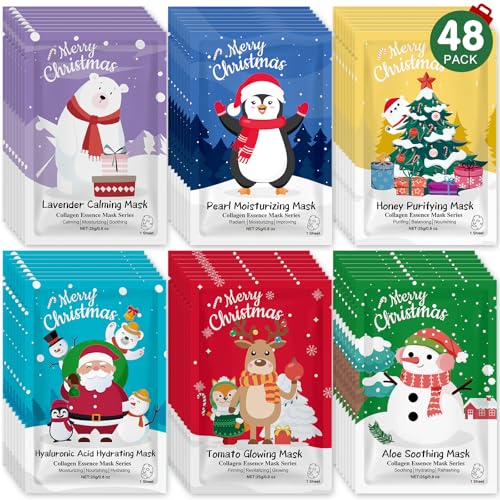 48 Pack Christmas Facial Masks for Stocking Stuffers, Bulk Moisturizing Facial Masks Set for Women Skin Care, Sheet Face Masks Skincare, Cute Christmas Gifts for Women