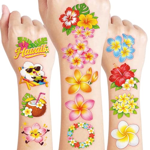 96 PCS Plumeria Hawaiian Flower Temporary Tattoos - Kids Party Favors