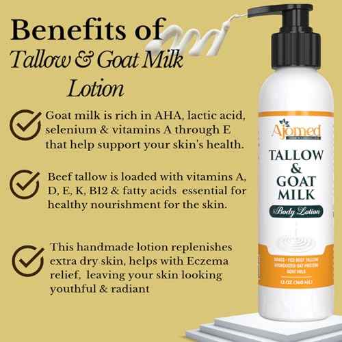 Tallow & Goat Milk Body Lotion for Sensitive Skin, Organic moisturizing Lotion - Soothes Dry skin, Goat Milk face and body Moisturizer - Handmade Tallow for skin cream (12 OZ, Unscented)