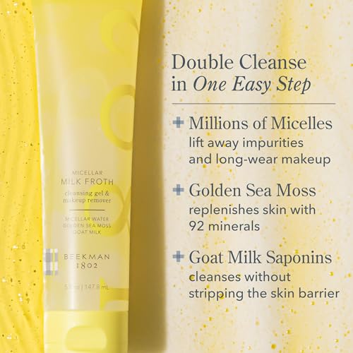 Beekman 1802 Micellar Milk Froth Cleansing Gel - Gently Cleanses & Removes Makeup - Double-Cleanse in 1 - Goat Milk & Golden Sea Moss - Fragrance Free - 1.0 fl. oz - Cruelty Free - Sensitive Skin Safe