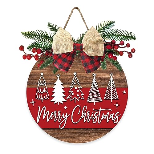 Deroro Merry Christmas Tree Front Door Sign, Xmas Holiday Farmhouse Wood Door Hanger Outdoor Outside Porch Decor, Rustic Wooden Wreath with Plaid Bow Red Berry Indoor Wall Hanging Decoration