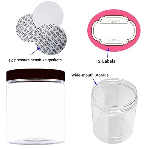 12 Pack 8 oz Plastic Jars with lids,Wide-mouth Clear Storage Containers with Black Lids,Empty Round Clear Plastic Jars with Lids and labels for Body Butter,Bath Salt,Slime and Beauty Products