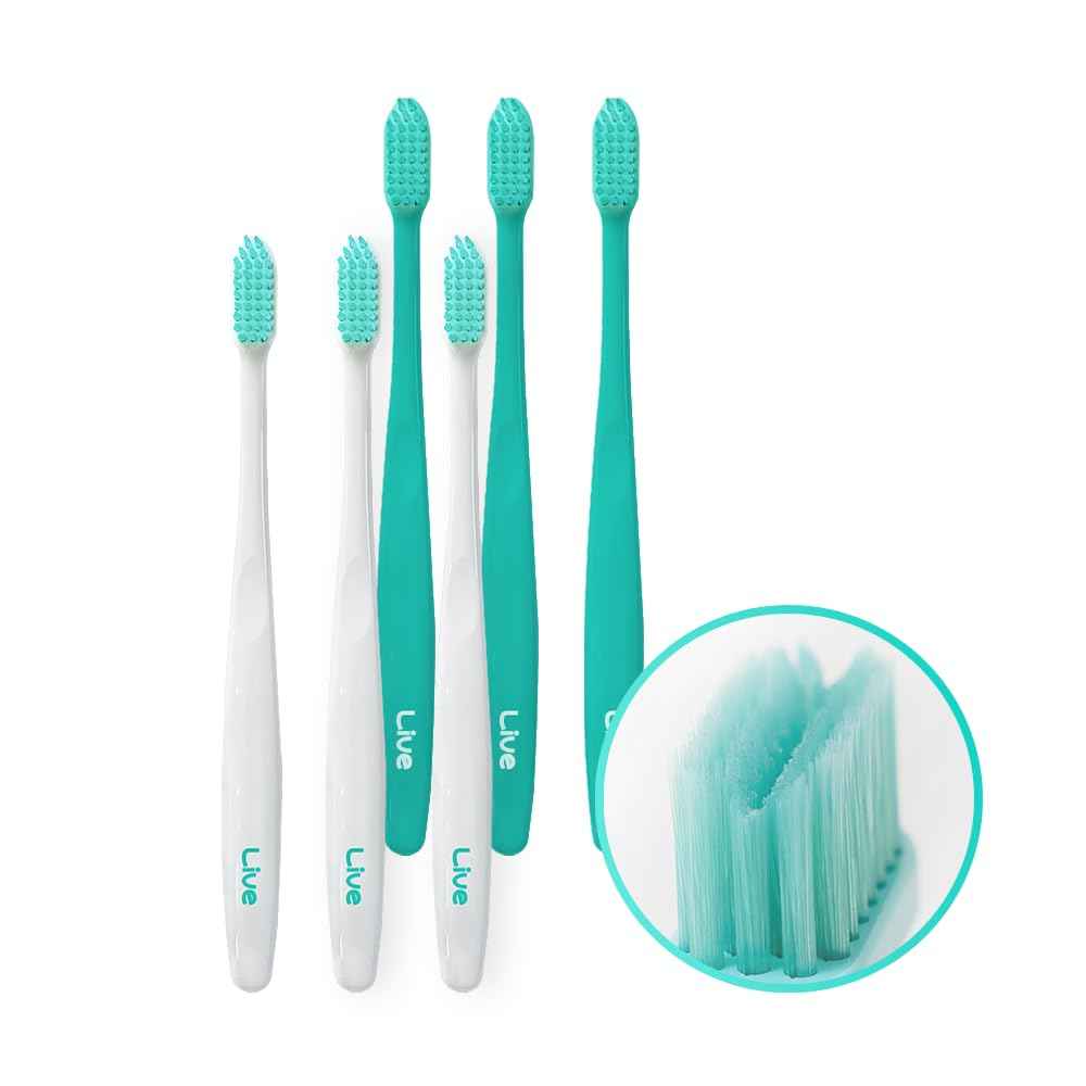LiveOrals V-Cut Orthodontic Toothbrush (Mint 3 Units + White 3 Units) - Compact Head for Braces, Ergonomic Handle, Deep Cleaning, Gentle Bristles for Brackets and Wires