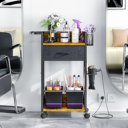 Salon Trolley Cart with Wheels, Mobile Hair Stylist Station with Metal Tool Holder & Basket, Rolling Barber Table with Fabric Drawer, Storage for Salon, Barbershop, Spa & Tattoo, Black