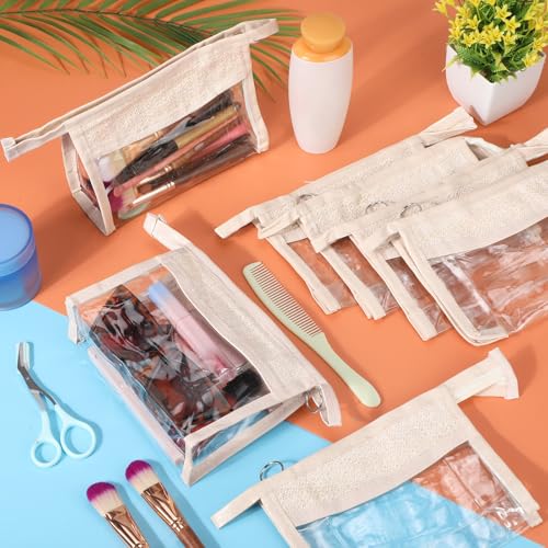 Kacctyen 10 Pcs Boho Clear Beach Bag Makeup Pouch Waterproof Sunscreen Cosmetic Bag with Zipper for Bridesmaid Gifts Wedding Party Favors Beach Vacation (Khaki)