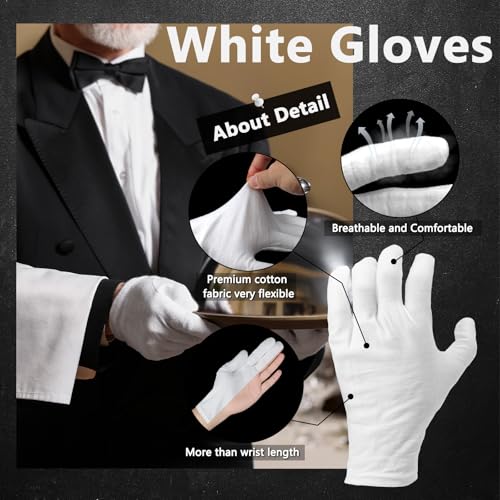 12 Pairs of White Cotton Gloves for Eczema, Crafting, & Inspection