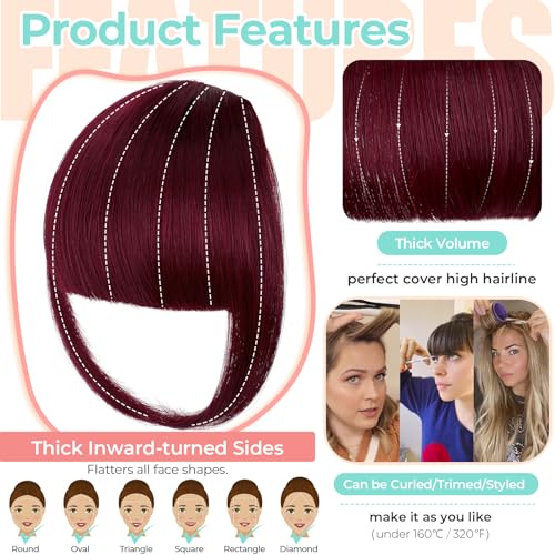Clip-In French Bangs for Women - Synthetic Wine Red Hair Extensions