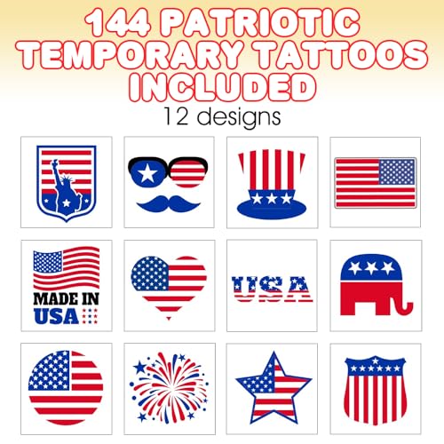 Patriotic Temporary Tattoos for Kids, 144-Pack 1.5" - Non-Toxic