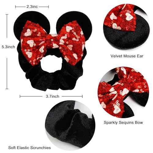 Mouse Ear Hair Scrunchies for Women, Sequins Hair Bow Scrunchies Velvet Mouse Ears Hair Ties for Ponytail Party Favors Cute Hair Accessories