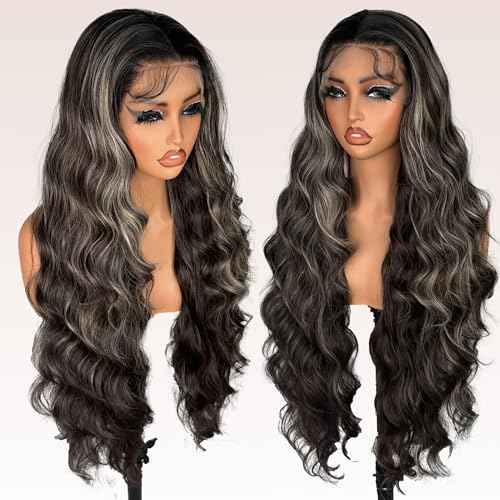 ZadaBelly Highlight 30 inch Body Wave 13x4 Lace Front Wig Brown Base with Black Wavy Hair Pre Plucked Hairline with Baby Hair, Transparent glueless Lace Synthetic Wig for Women Heat Resistant