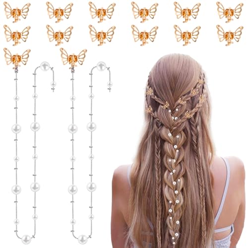 LifeDawn 14Pcs Butterfly Hair Clips for Women Girls,Small Butterfly Hair Clips Gold Tassel Butterfly Hair Clips with Pearl Mini Metal Butterfly Hair Clips Christmas Hair Accessories for Women,Gold