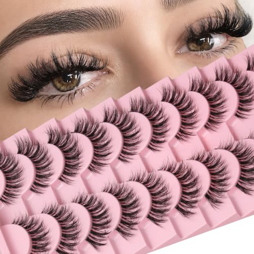 QUNETY Cat Eye False Eyelashes - 10 Pairs Wispy Mink Lashes