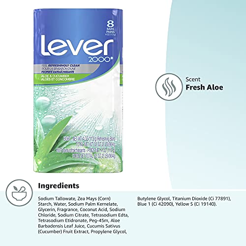 Lever 2000 Refreshing Body Soap and Facial Cleanser With Aloe & Cucumber Effectively Washes Away Bacteria, Fresh Aloe, 4 Ounce (Pack of 8)