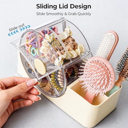 Cream Hair Accessories Organizer with Rotating 5-Section Wheel & 2-Slot Brush Holder