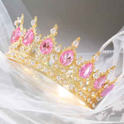 Pink Crown for Women Crystal Tiara and Queen Crown for Girl Wedding Headband for Bride Hair Accessories for Costume Birthday Party Cake Decoration Prom