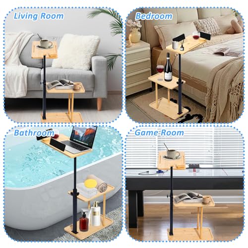 3-Tier Bamboo Bath Tray Table with Adjustable Height & Rotating Shelf