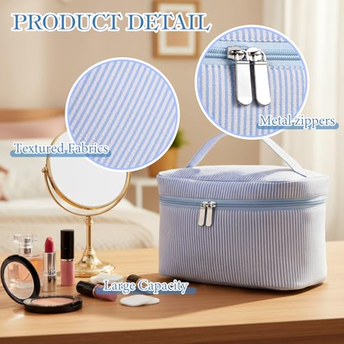 Large Makeup Bag for Women Toiletry Bag, Aesthetic Cute Seersucker Cosmetic Pouch, Teen Gift for Her Mom Girlfriend Wife Teacher Aesthetic Skincare Brushes Storage Organizer(Blue)