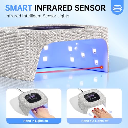 UV Nail Lamp, UV Light for Gel Nails, 48W Plug-in Mini Diamond Nail Lamp Nail Dryer with Touch Control Auto Sensor and 3 Timer Settings Nail Light Curing Lamp, Home (White Diamond)