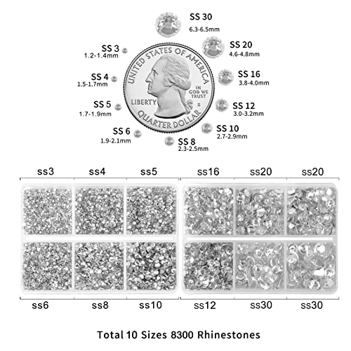 Beadsland 8300PCS Clear Rhinestones Flatback Mix 10 Sizes