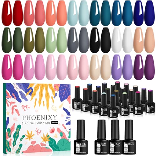 Phoenixy 24-Piece Gel Nail Polish Set with Base, Glossy & Matte Top Coat