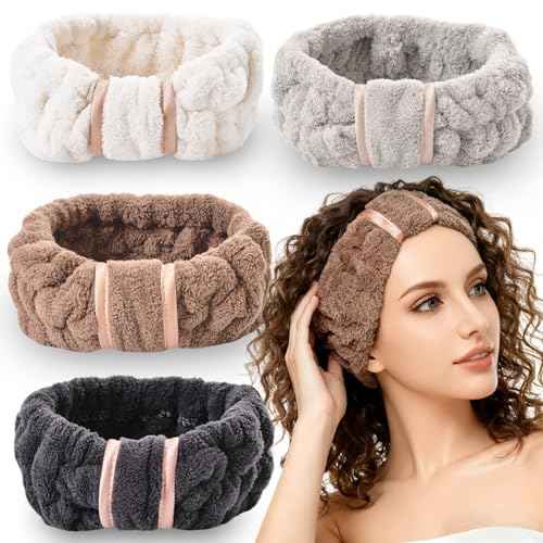 4 Pack Microfiber Towel Headbands for Washing Face, Spa & Skincare for Women (Beige, Dark brown, Grey, Black)