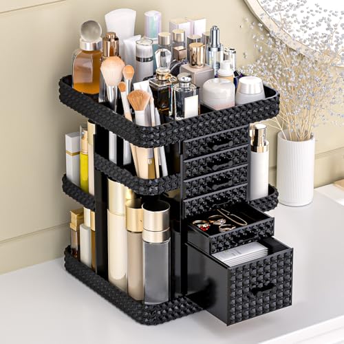 360 Rotating Makeup Organizer for Vanity, Large Skin Care Organizer with 6 Drawers Clear Acrylic Cosmetic Organizer Adjustable Spinning Makeup Storage Perfume Organizer for Dresser (Black)