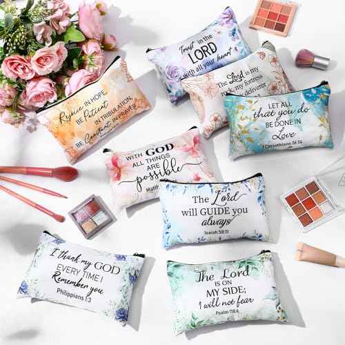 Talltalk 8 Pcs Christian Makeup Bag Bulk for Women Bible Verse Pencil Pouch Inspirational Religious Cosmetic Bag with Zipper Christian Gifts for Women Travel Christmas Birthday Party(Colorful Pattern)