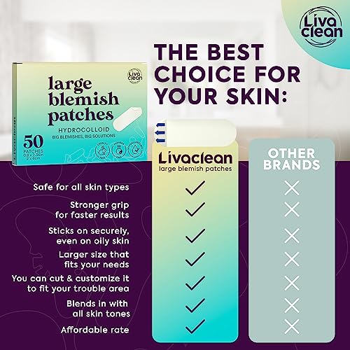 LivaClean 50CT Large Hydrocolloid Acne Patches - for Pore Spots Nose Face Cystic Pimple Zit Patch - Big Pimple Patches Hydrocolloid Bandages Strips Stickers Pimple Patch XL Large Acne Patch Large