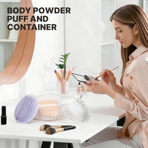 3 Pcs Extra Large Body Powder Puff and Container - 6 Inch Glass Dusting Powder Container with Puff, Body Powder Puff for Women Soft Washable Reusable Fluffy Makeup Wet Dry