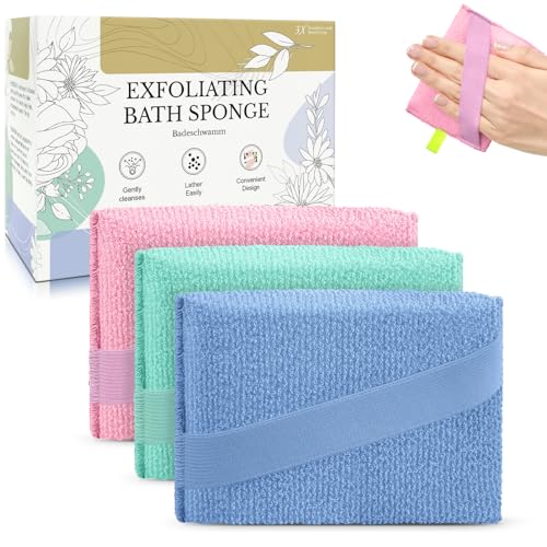 MIG4U Exfoliating Body Scrubber Sponge Exfoliate Dead Skin Bath Sponge for Shower, Luxury Foaming Skin Scrubber for Women Men, 3 Pack Macaroon