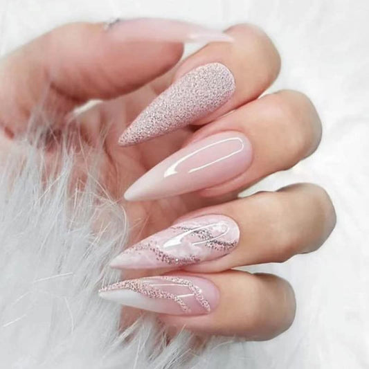 DOUBNINE Stiletto Press On Nails Long Almond Pink Glitter Marble Acrylic False Nails with Glue Ballerina Gradient Luxury Full Cover Stick On Nails for Women