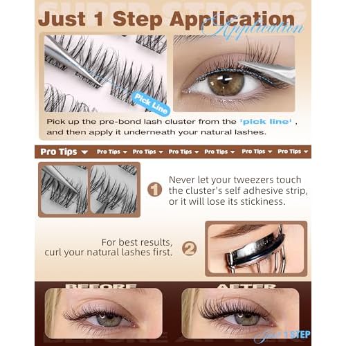 EYDEVRO Natural Self Adhesive Eyelashes Wispy Self Adhesive Lash Clusters No Glue Needed Eyelash Clusters Pre-glued Individual Lashes Up-graded 3.0 Self Adheisive Strip Strong Hold for 48+ Hours