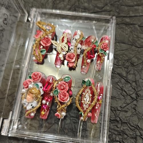 10Pcs(1Pack) Handmade Nails Press On Nails Long Square 33mm Rose Masquerade 3D Rose Pearl Mask Luxury Art Fake Nails Reusable Acrylic Stick On Nails for Women Wedding Party Daily Wear Size S