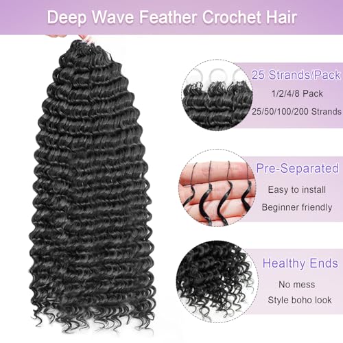 Deep Wave Feather Crochet Hair 20" 25 Strands Knotless Extensions