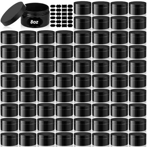 Dandat 72 Pcs 8 oz PET Loose Powder Containers Plastic Jars with Lid and Label, Leak Proof Empty Cosmetic Jars for Lotion, Cream, Gel, Powder - Refillable Travel Storage Containers(Black)