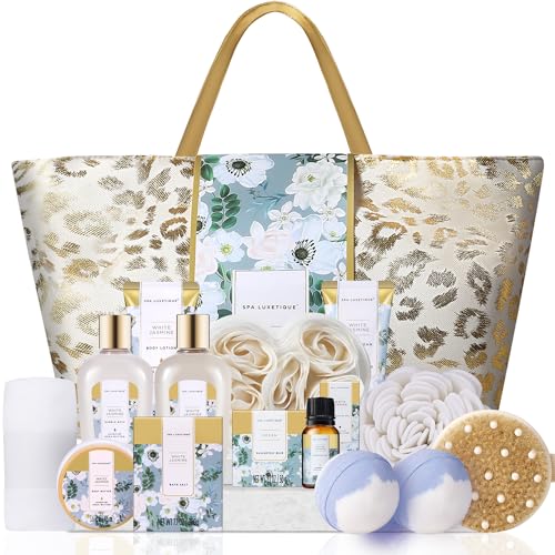 Spa Luxetique Gifts for Women 15pcs White Jasmine Gift Baskets for Women Luxury Relaxing Spa Kit with Tote Bag Birthday Gifts for Mom Friend Sister Wife Grandma Mothers Day Gift for Her